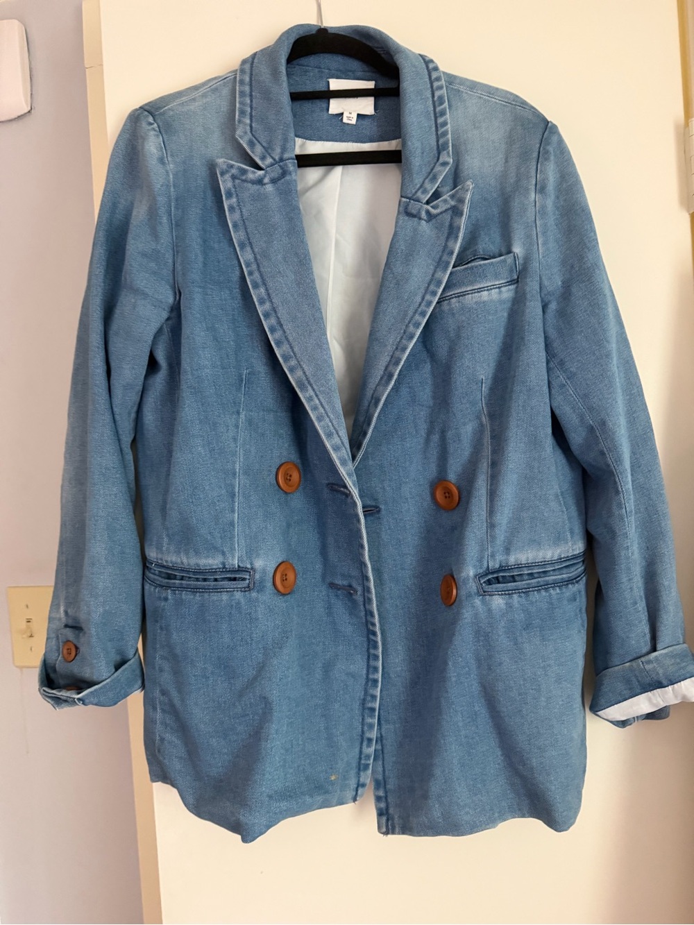 Denim Double-Breasted Blazer Jacket in Light Blue